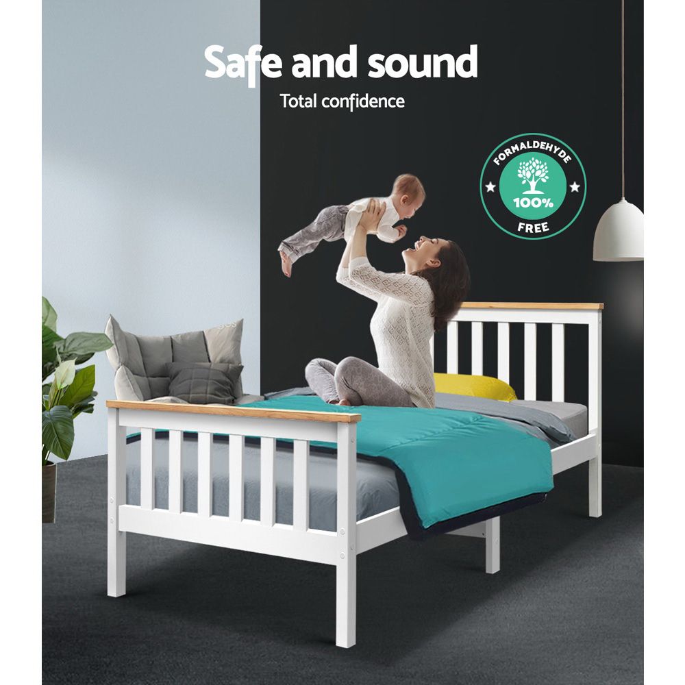 TWSC Bed Frame Single Size Wooden White PONY