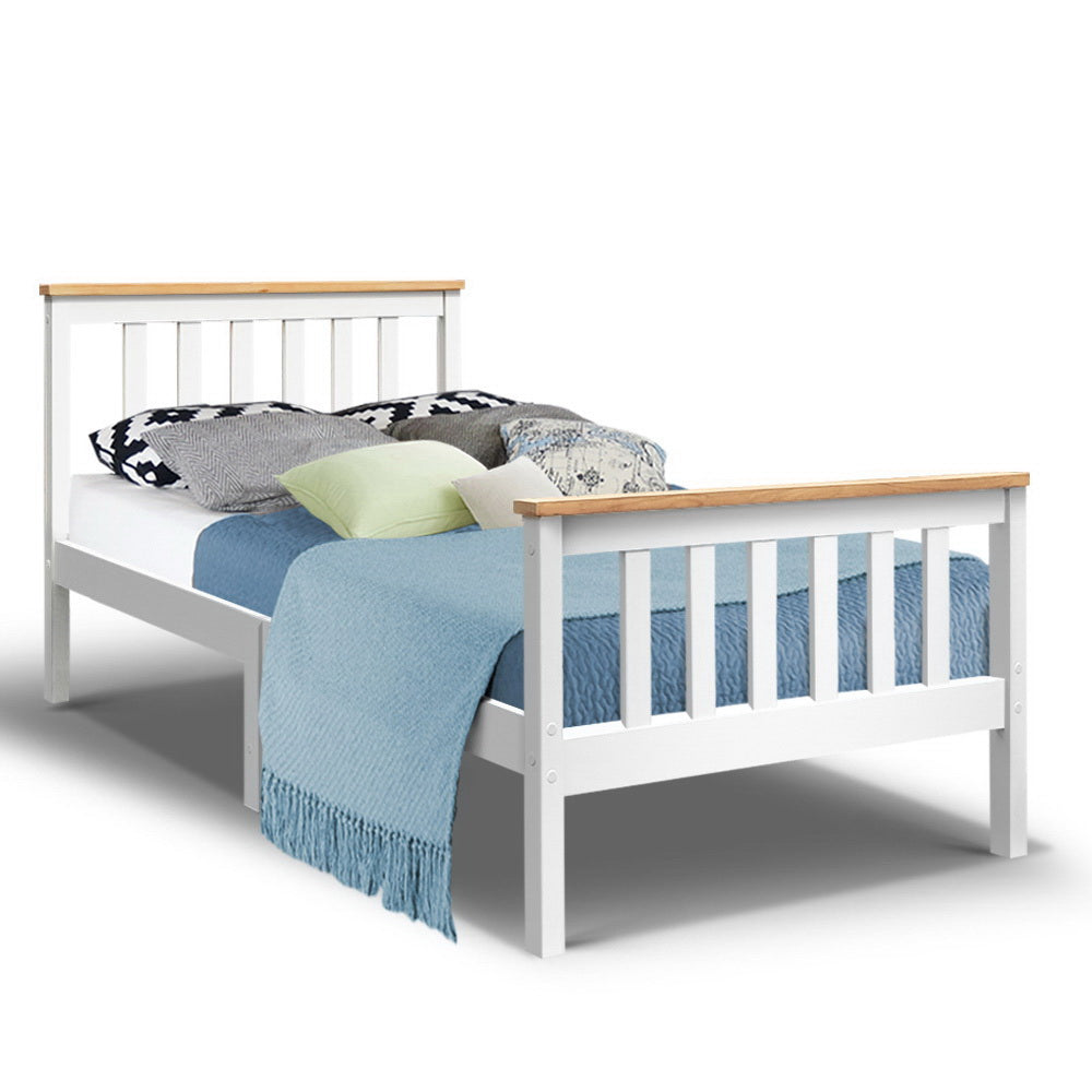 TWSC Bed Frame Single Size Wooden White PONY