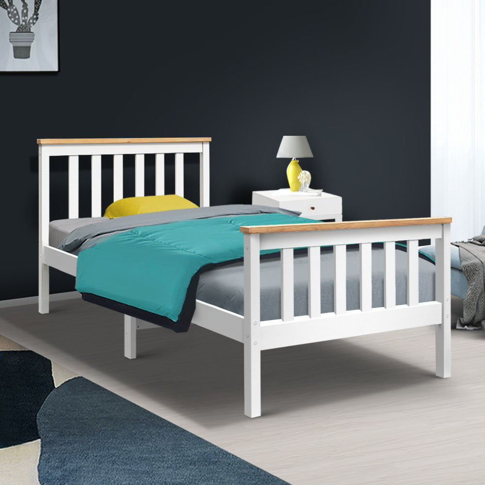 TWSC Bed Frame Single Size Wooden White PONY