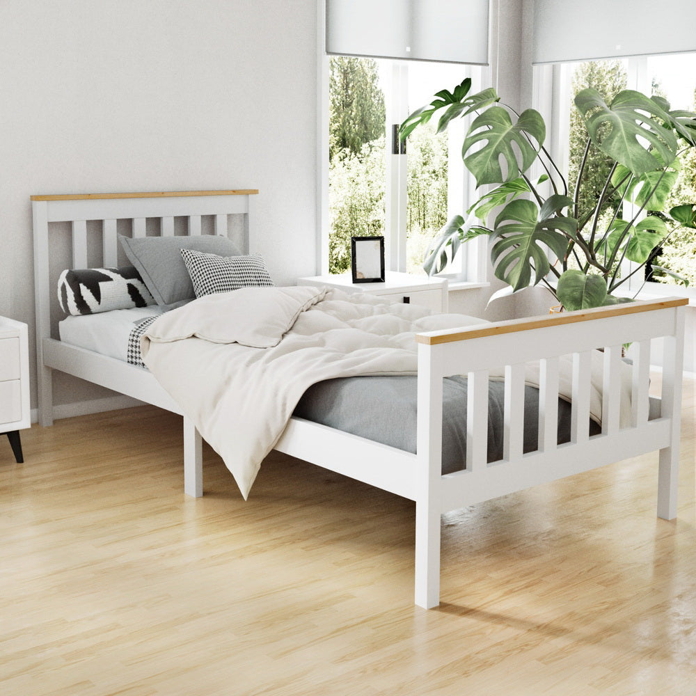 TWSC Bed Frame Single Size Wooden White PONY