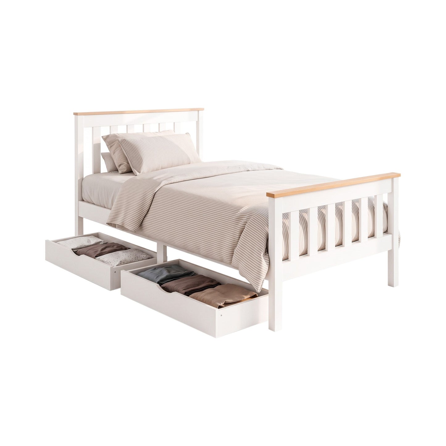 Pony Wooden Bed Frame with 2 Storage Drawers – Single, White, Pine Wood