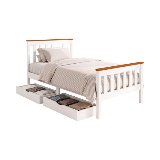 Pony Wooden Bed Frame with 2 Storage Drawers – Single, White, Pine Wood