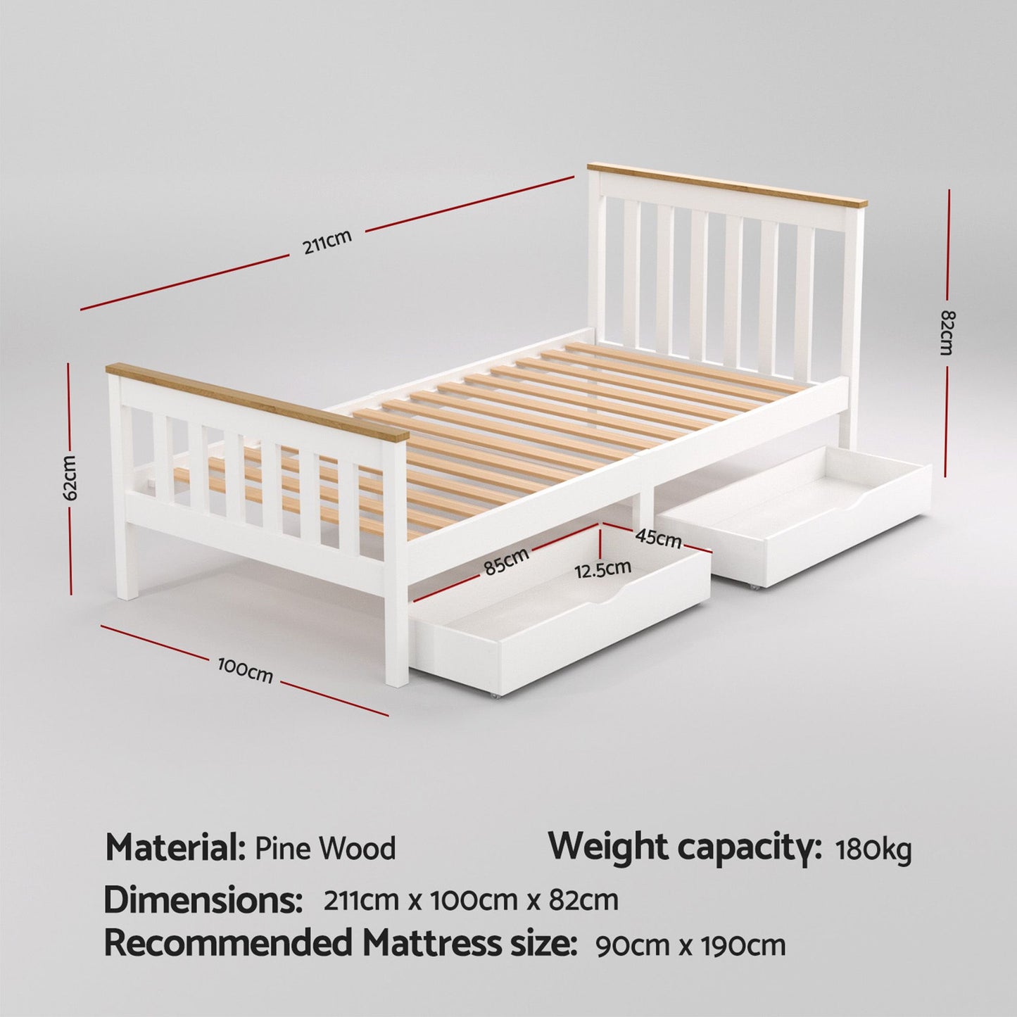 Pony Wooden Bed Frame with 2 Storage Drawers – Single, White, Pine Wood