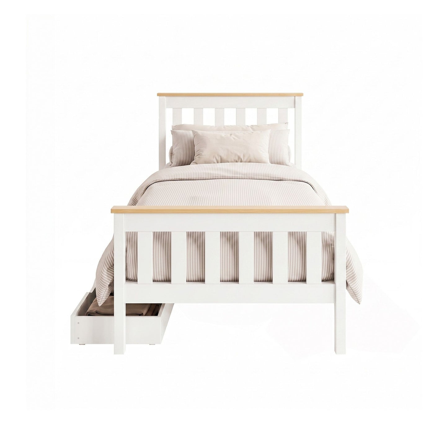 Pony Wooden Bed Frame with 2 Storage Drawers – Single, White, Pine Wood