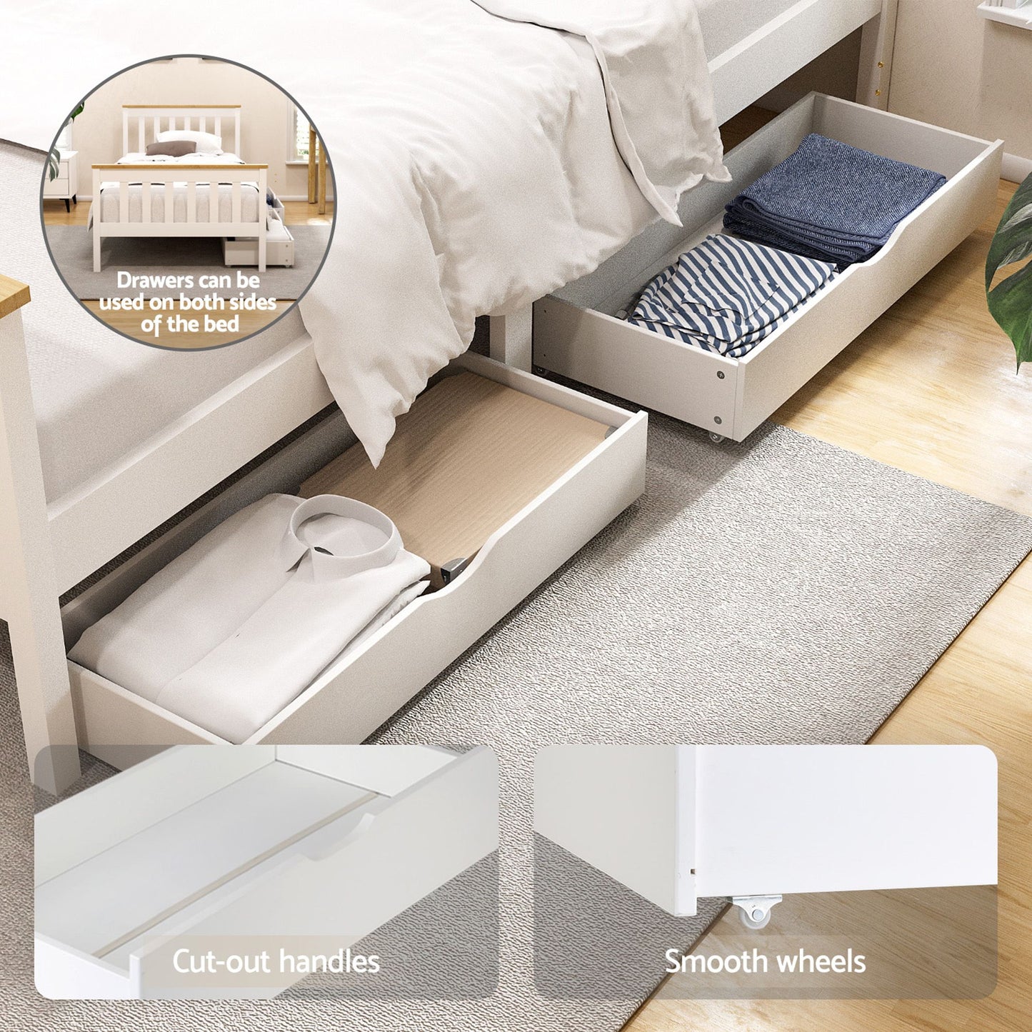 Pony Wooden Bed Frame with 2 Storage Drawers – Single, White, Pine Wood