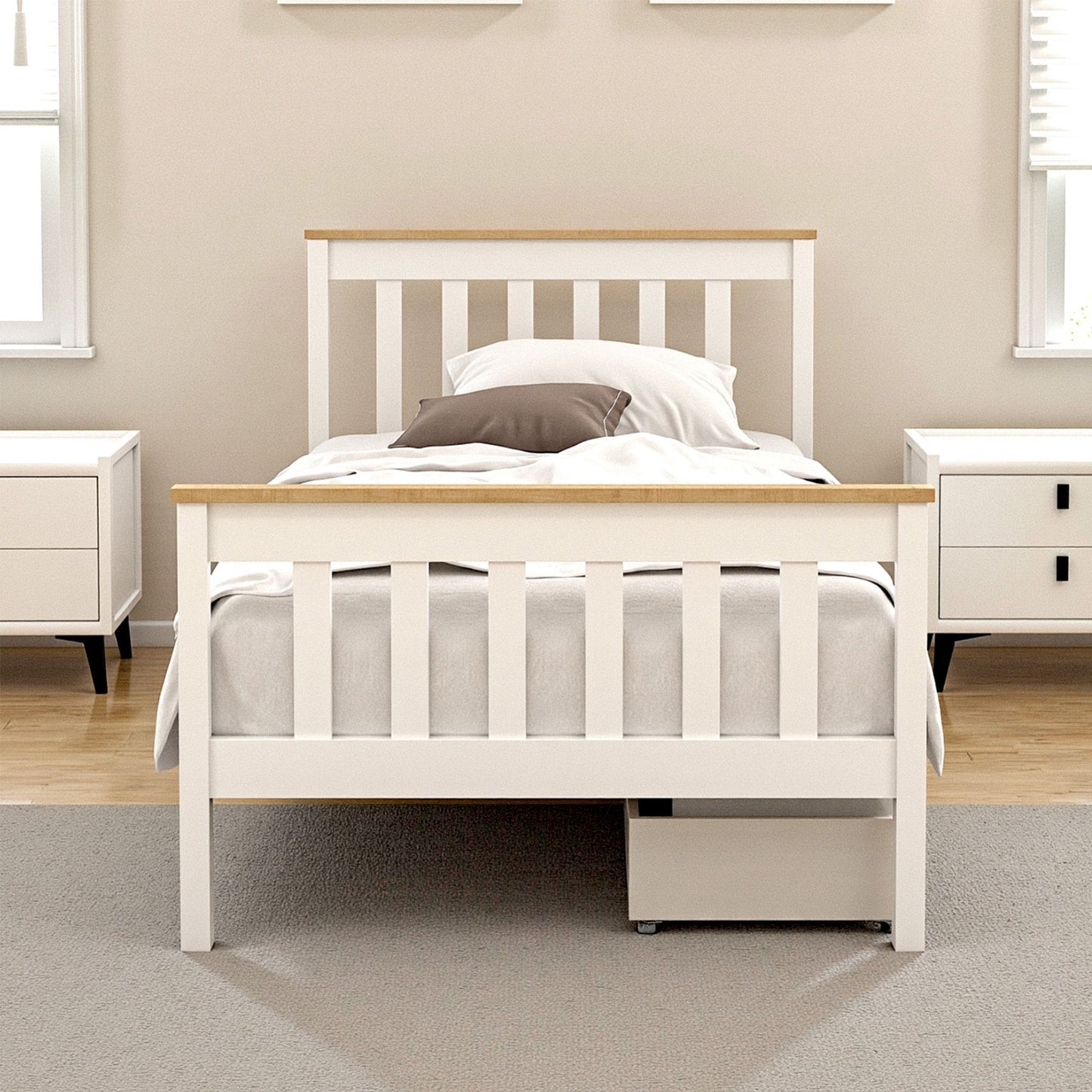 Pony Wooden Bed Frame with 2 Storage Drawers – Single, White, Pine Wood