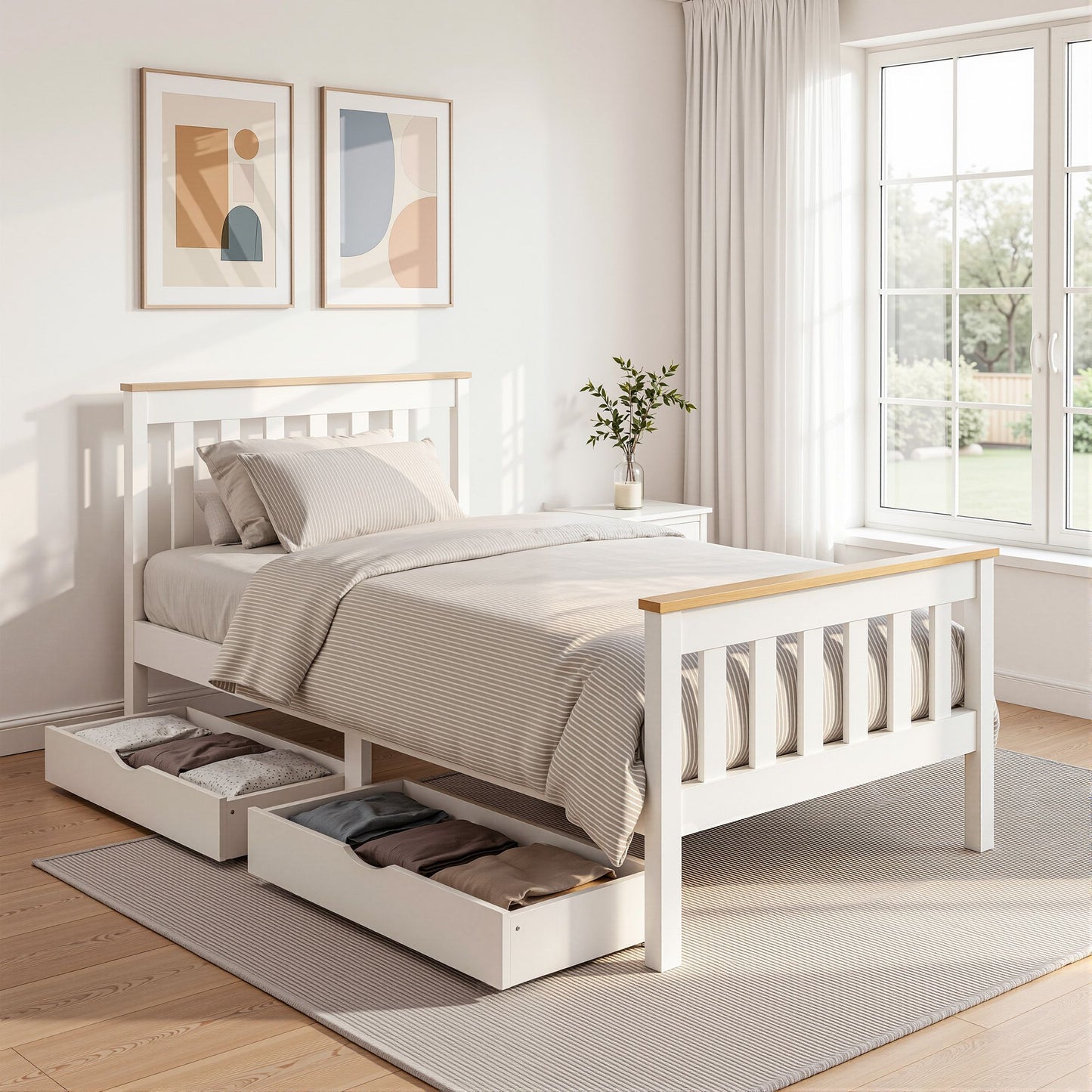 Pony Wooden Bed Frame with 2 Storage Drawers – Single, White, Pine Wood