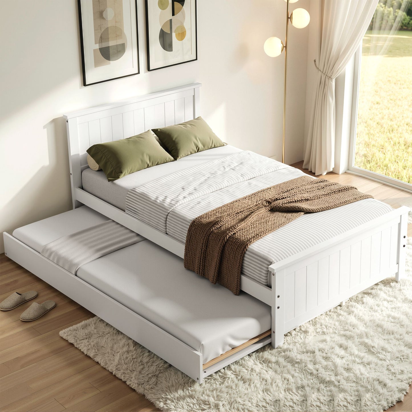Single Bed Frame with Trundle – Solid Pine Wood, White