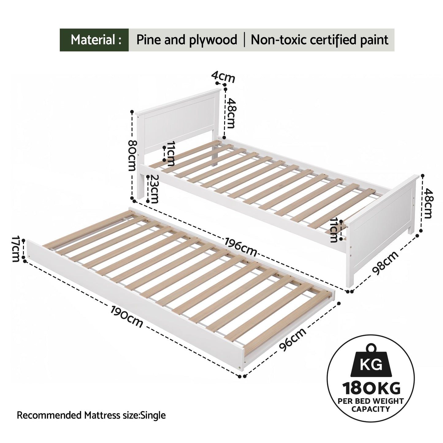 Single Bed Frame with Trundle – Solid Pine Wood, White
