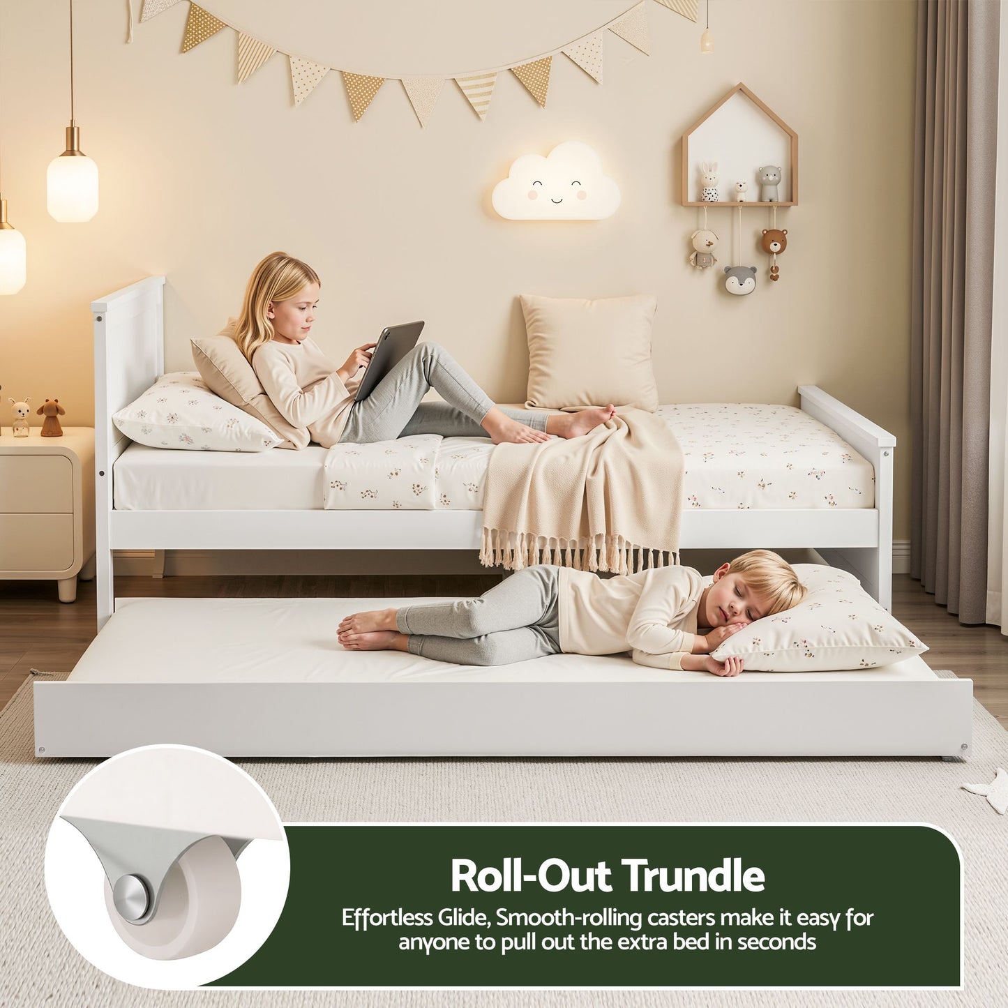 Single Bed Frame with Trundle – Solid Pine Wood, White