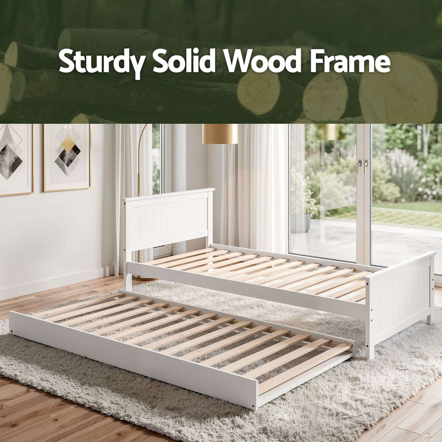 Single Bed Frame with Trundle – Solid Pine Wood, White