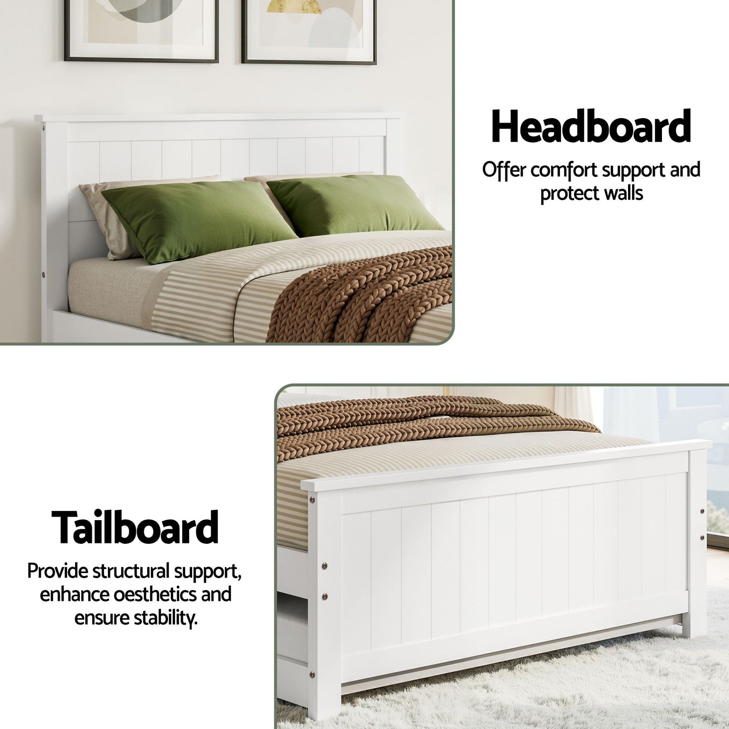 Single Bed Frame with Trundle – Solid Pine Wood, White