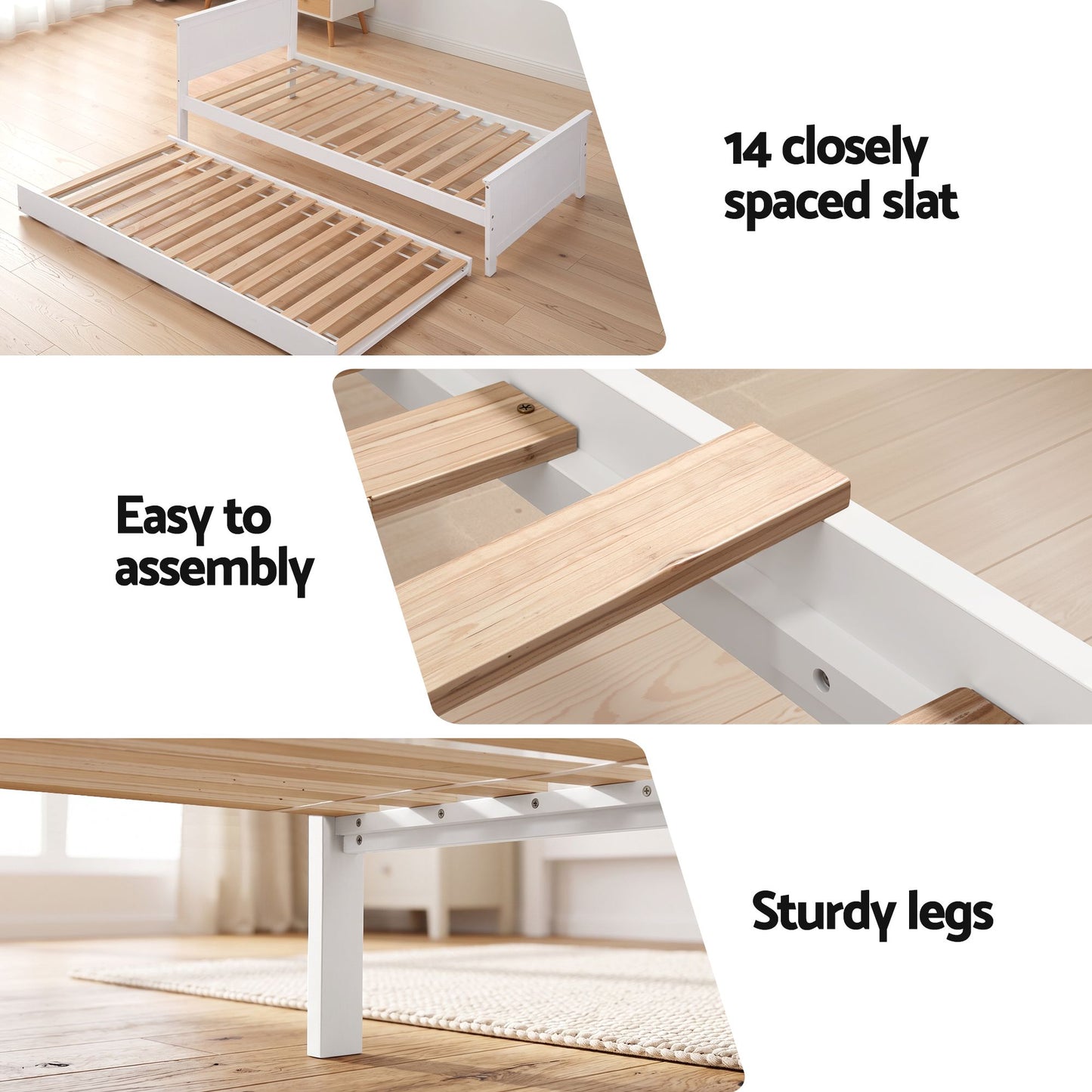 Single Bed Frame with Trundle – Solid Pine Wood, White