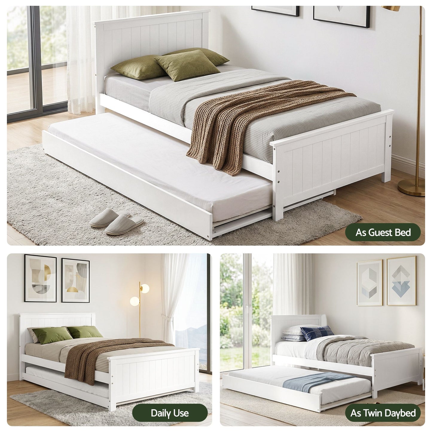 Single Bed Frame with Trundle – Solid Pine Wood, White