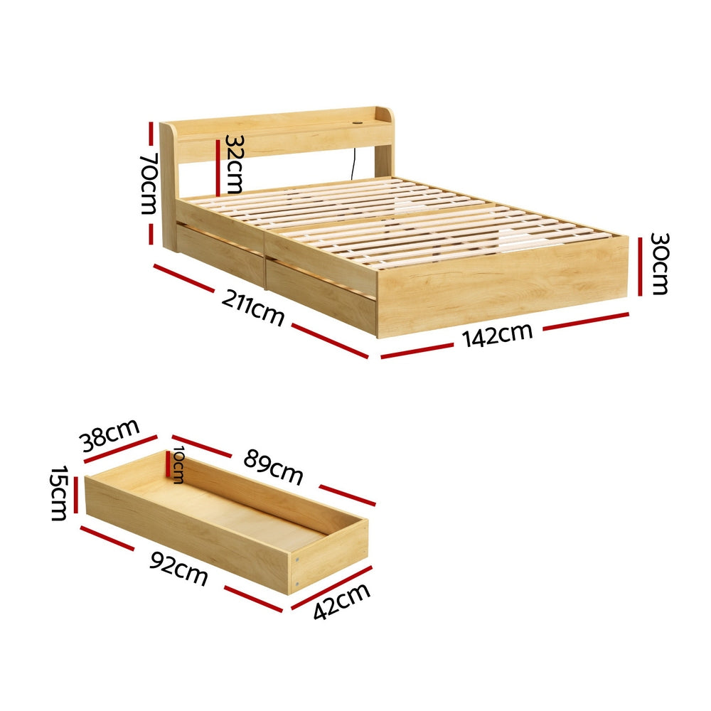TWSC Bed Frame Double Size with Charging Ports and 2 Drawers AURA