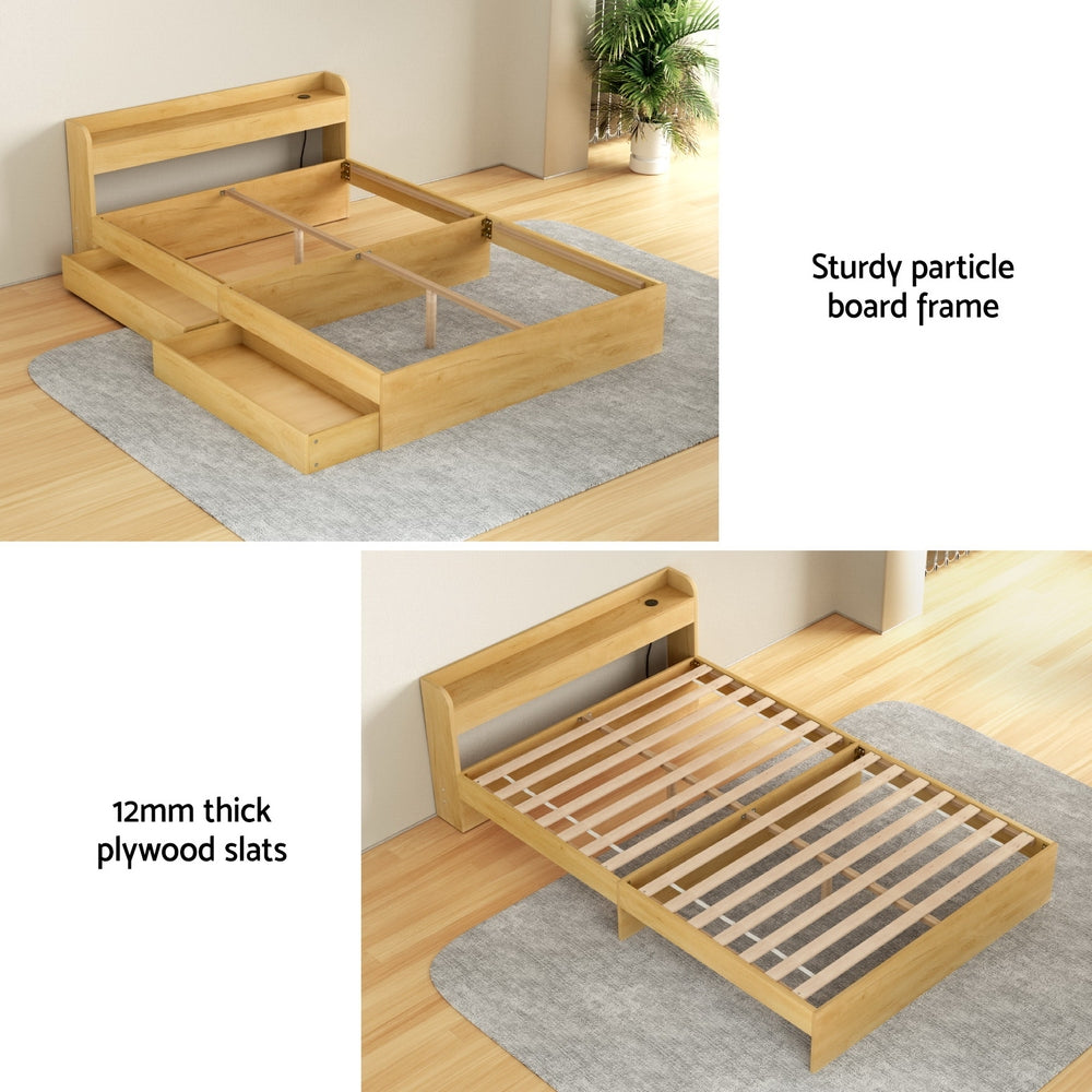 TWSC Bed Frame Double Size with Charging Ports and 2 Drawers AURA