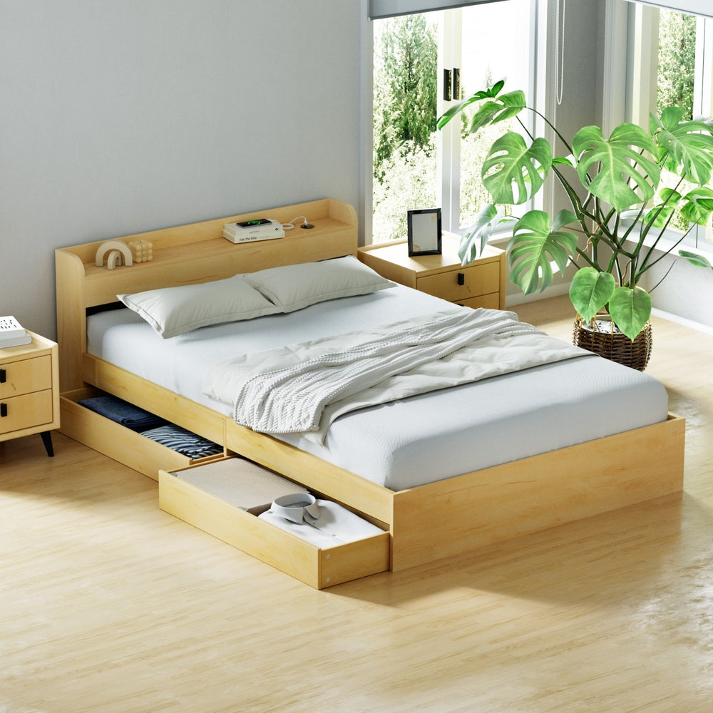TWSC Bed Frame Double Size with Charging Ports and 2 Drawers AURA