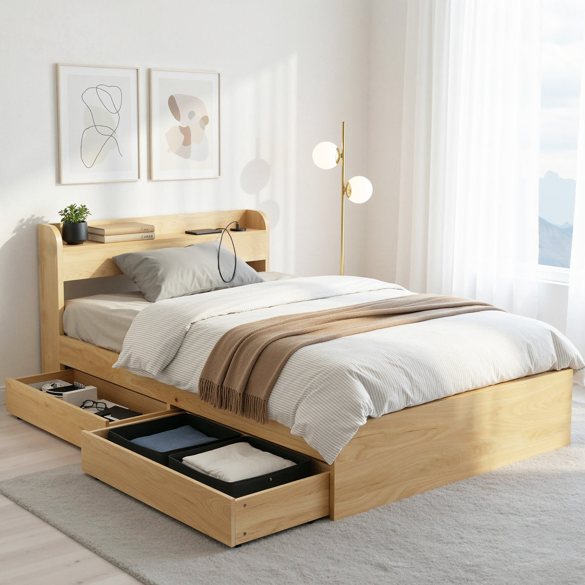 TWSC King Single Bed Frame with 2 Drawers Platform Bed with Headboard Bed Base with USB Ports Natural