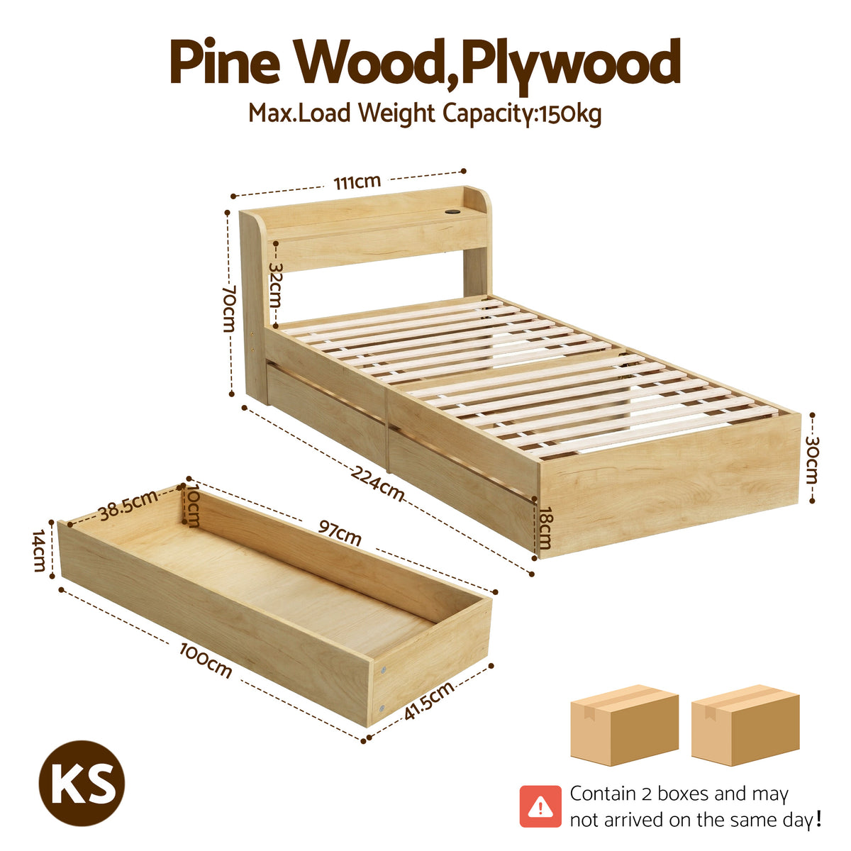 TWSC King Single Bed Frame with 2 Drawers Platform Bed with Headboard Bed Base with USB Ports Natural