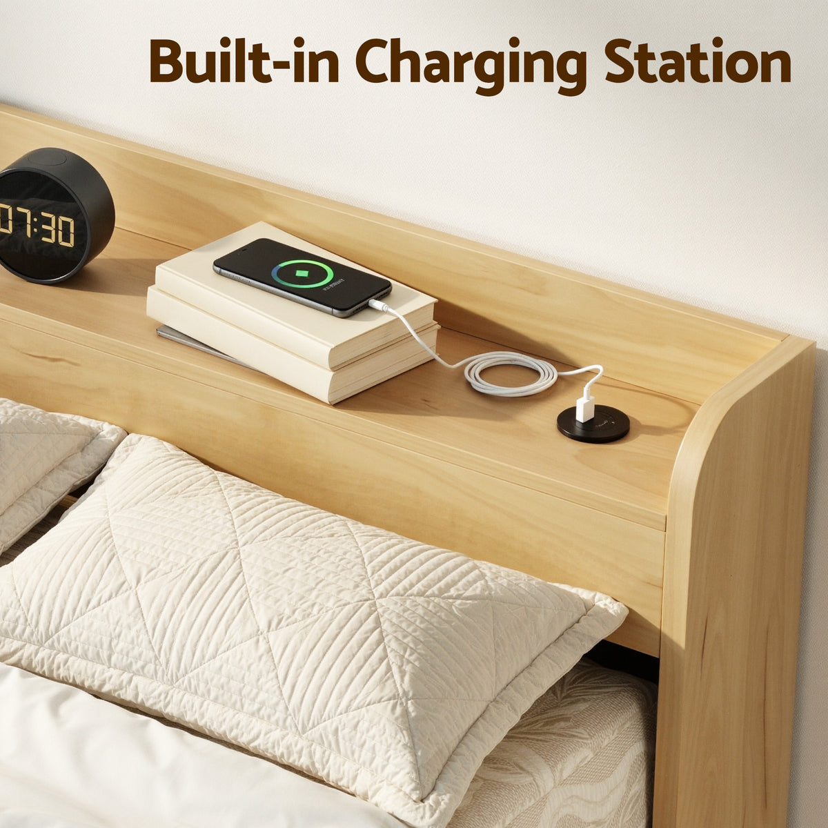 TWSC King Single Bed Frame with 2 Drawers Platform Bed with Headboard Bed Base with USB Ports Natural