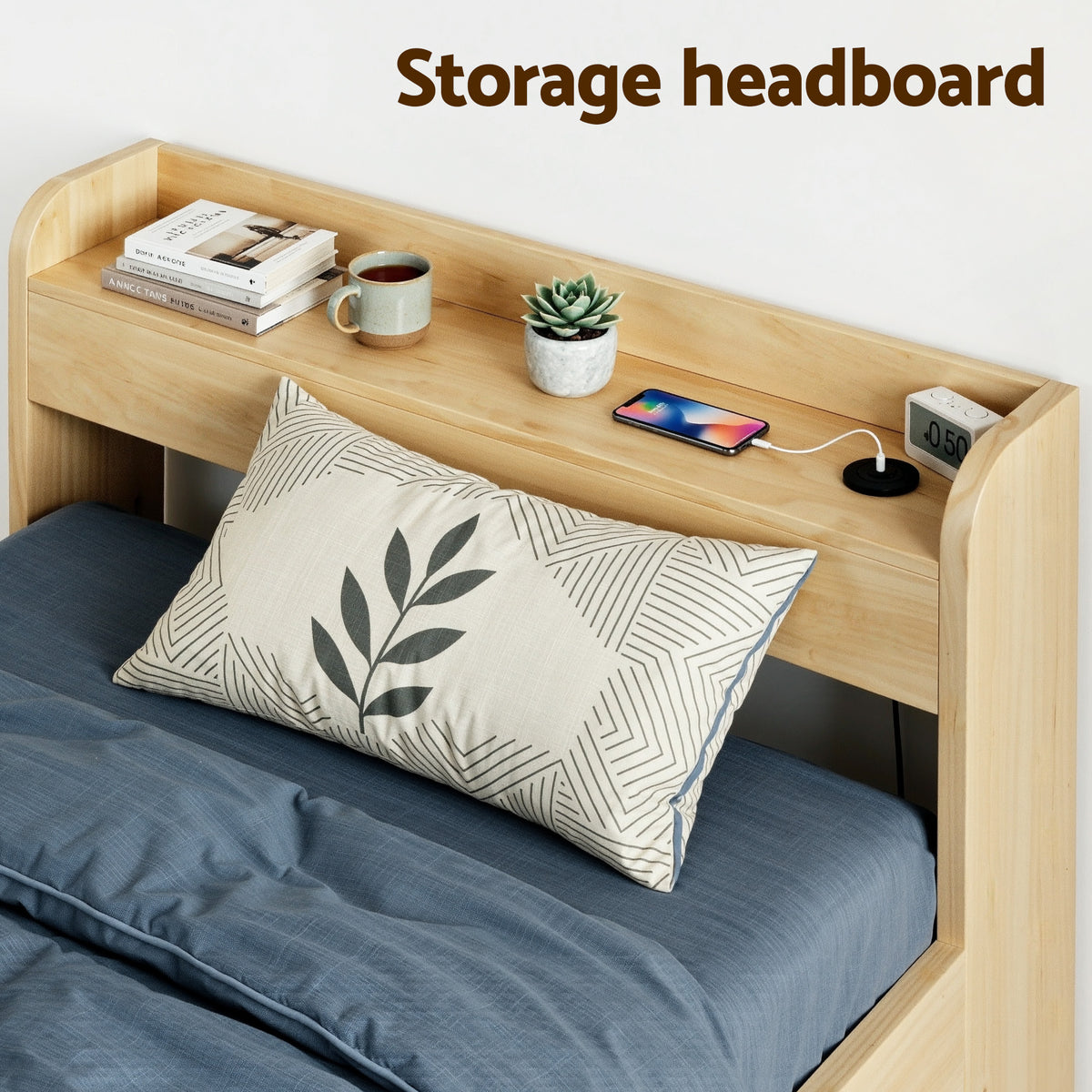 TWSC King Single Bed Frame with 2 Drawers Platform Bed with Headboard Bed Base with USB Ports Natural