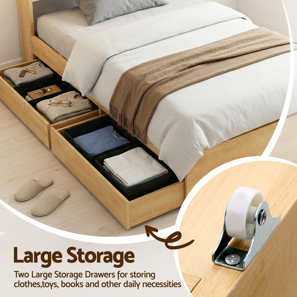 TWSC King Single Bed Frame with 2 Drawers Platform Bed with Headboard Bed Base with USB Ports Natural
