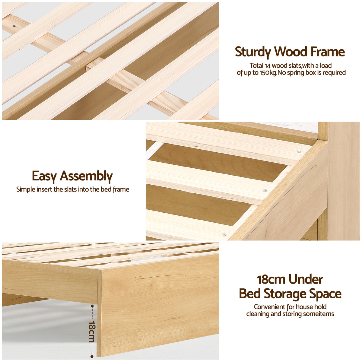 TWSC King Single Bed Frame with 2 Drawers Platform Bed with Headboard Bed Base with USB Ports Natural