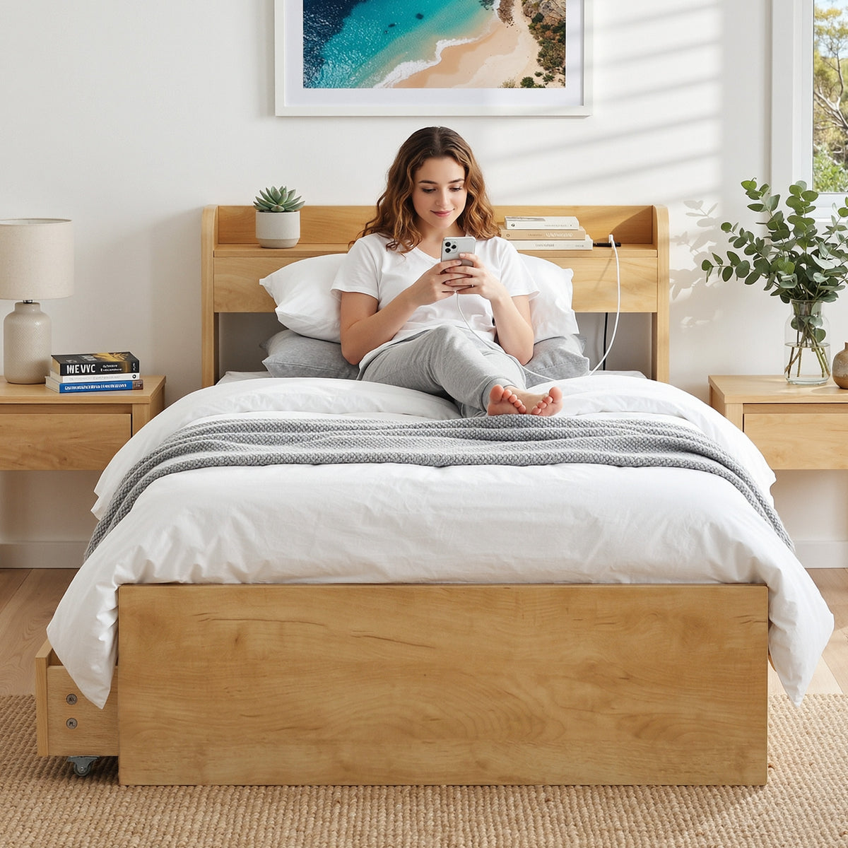 TWSC King Single Bed Frame with 2 Drawers Platform Bed with Headboard Bed Base with USB Ports Natural
