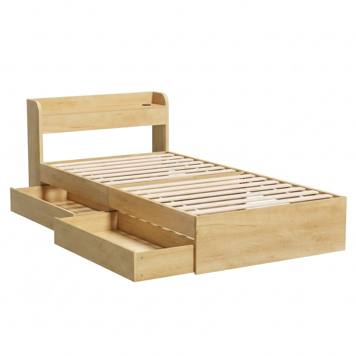 TWSC King Single Bed Frame with 2 Drawers Platform Bed with Headboard Bed Base with USB Ports Natural