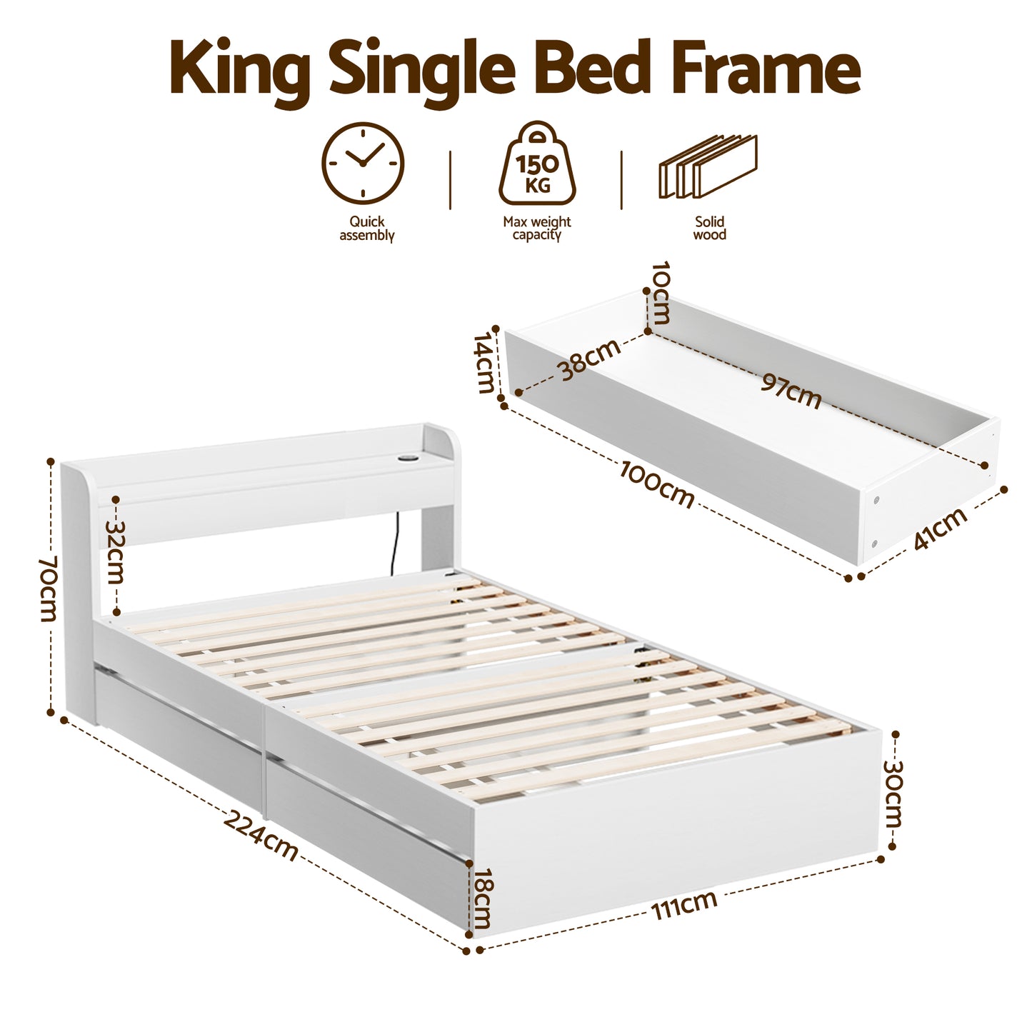 TWSC Bed Frame King Single Size with Charging Ports and 2 Drawers AURA
