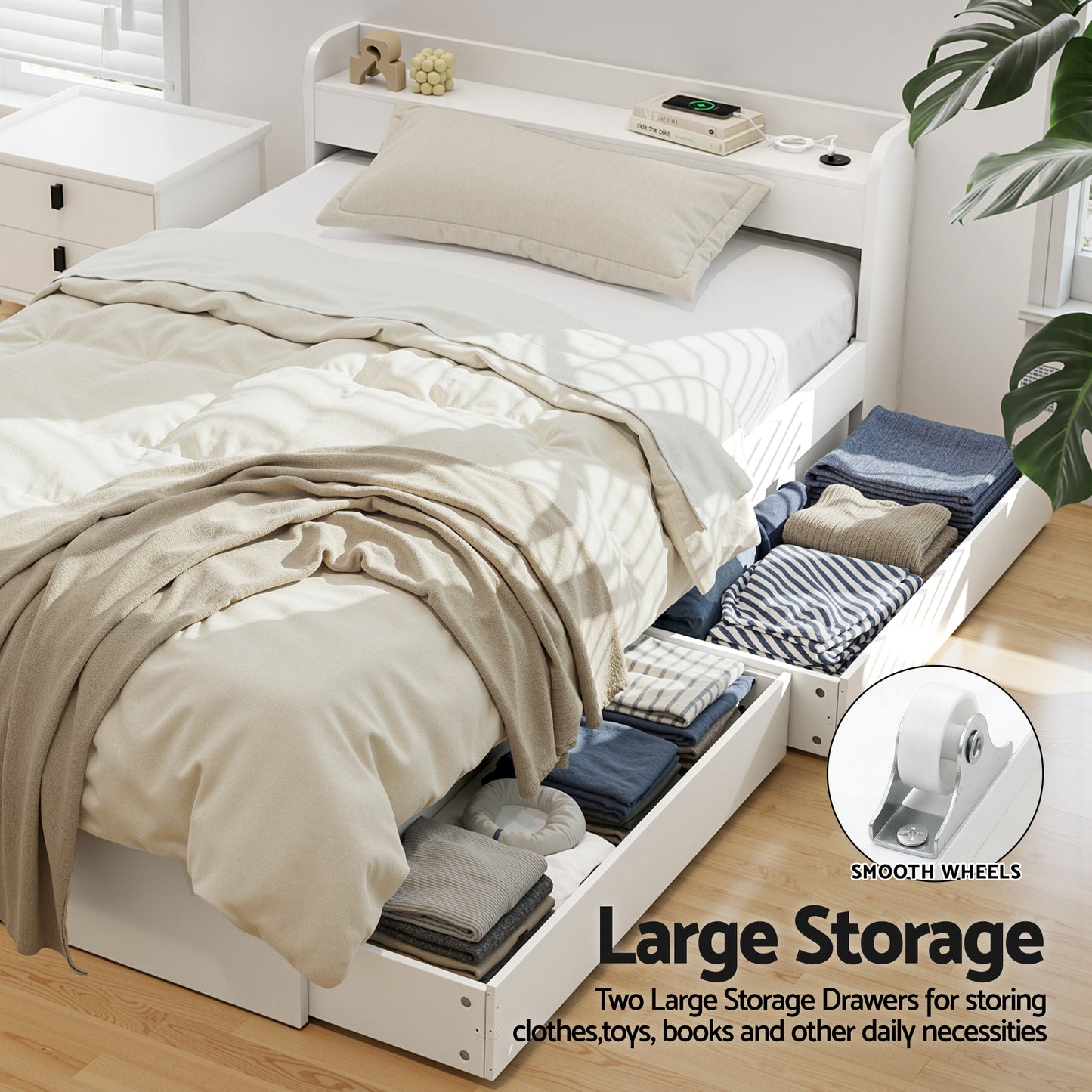 TWSC Bed Frame King Single Size with Charging Ports and 2 Drawers AURA