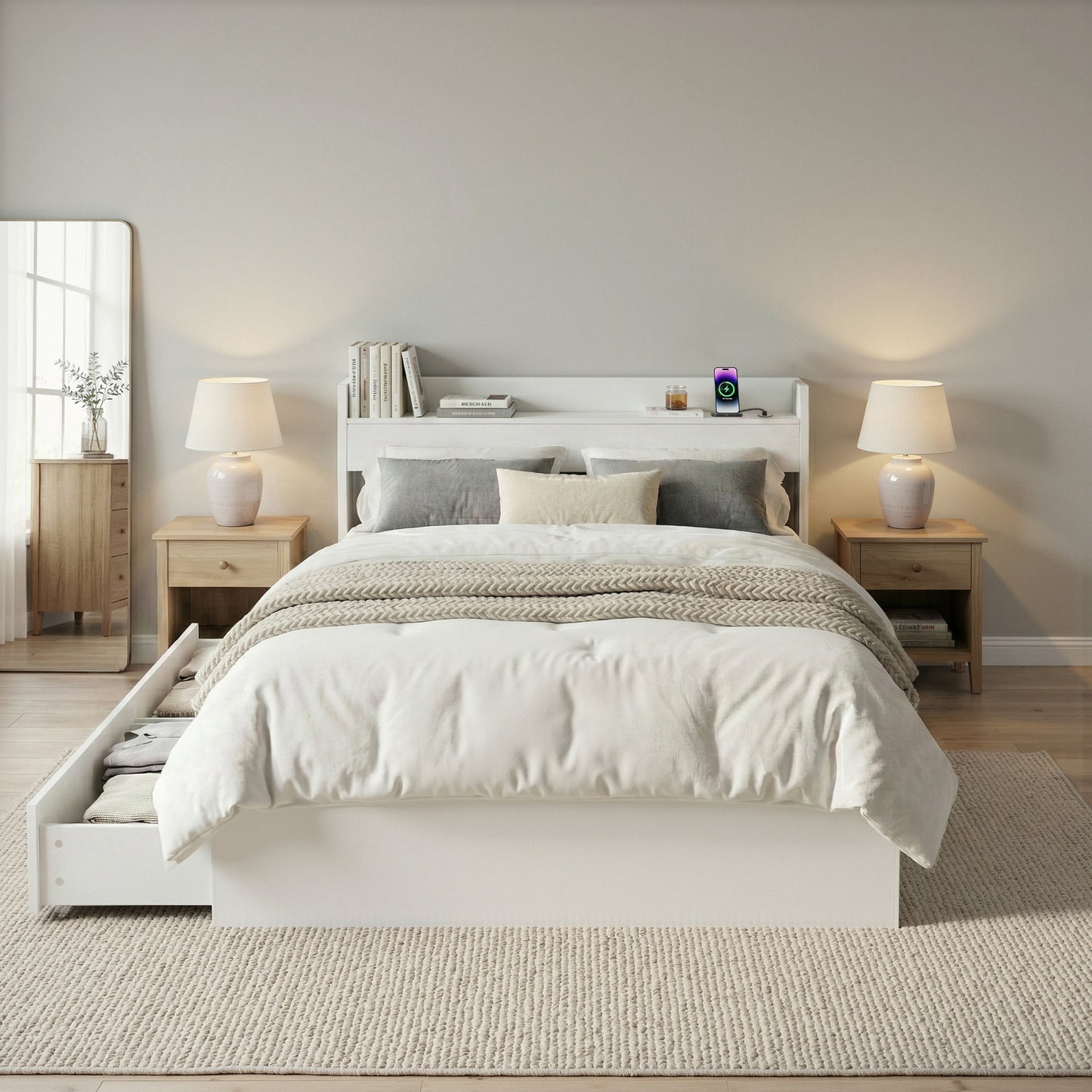 TWSC Bed Frame King Single Size with Charging Ports and 2 Drawers AURA