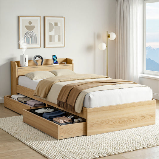 TWSC Single Bed Frame with 2 Storage Drawers Platform Bed Base with USB Ports Sturdy Wooden Slat Support Natural