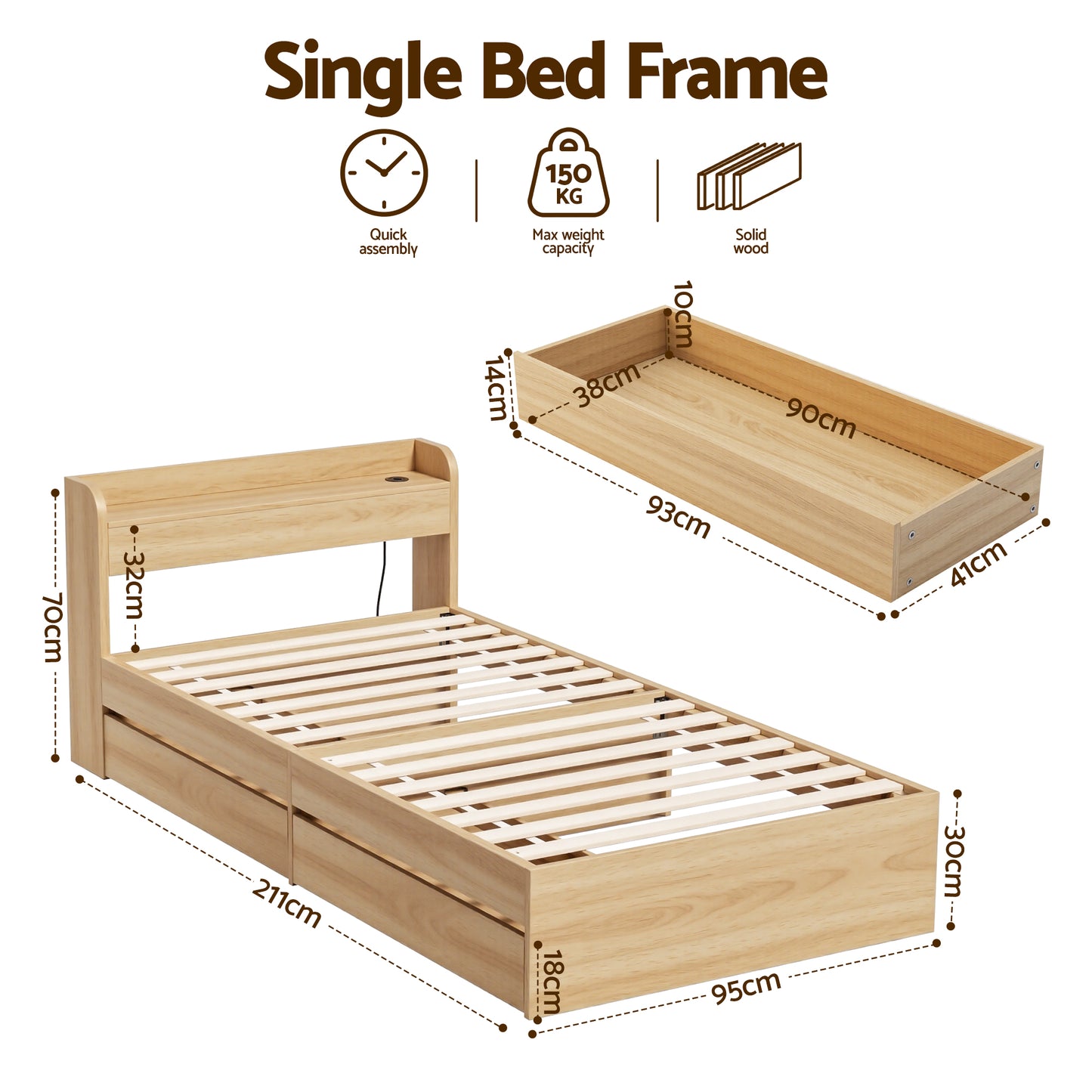 TWSC Single Bed Frame with 2 Storage Drawers Platform Bed Base with USB Ports Sturdy Wooden Slat Support Natural