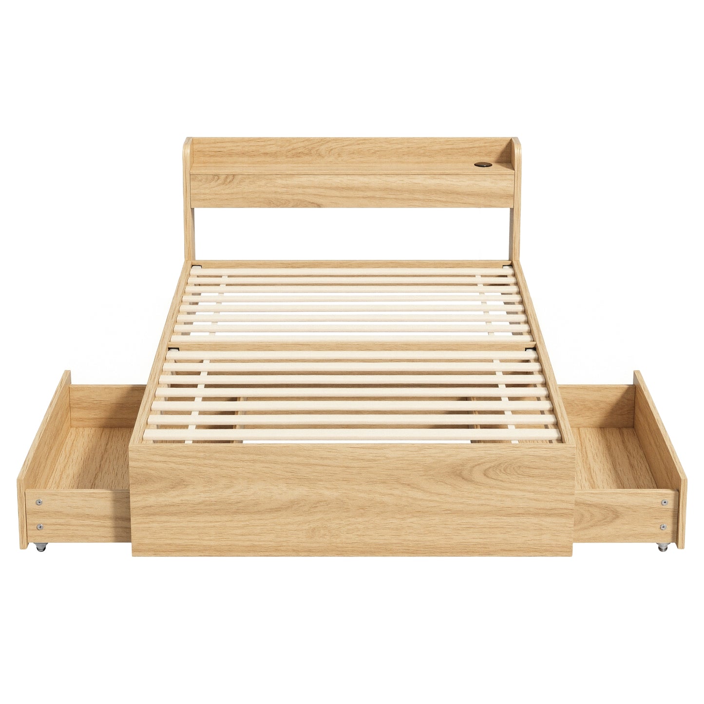 TWSC Single Bed Frame with 2 Storage Drawers Platform Bed Base with USB Ports Sturdy Wooden Slat Support Natural