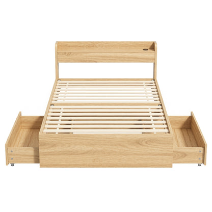 TWSC Single Bed Frame with 2 Storage Drawers Platform Bed Base with USB Ports Sturdy Wooden Slat Support Natural