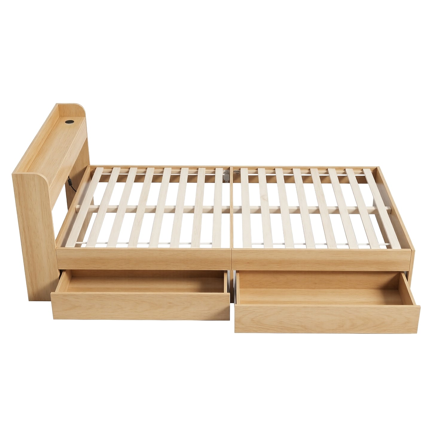 TWSC Single Bed Frame with 2 Storage Drawers Platform Bed Base with USB Ports Sturdy Wooden Slat Support Natural