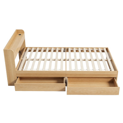 TWSC Single Bed Frame with 2 Storage Drawers Platform Bed Base with USB Ports Sturdy Wooden Slat Support Natural