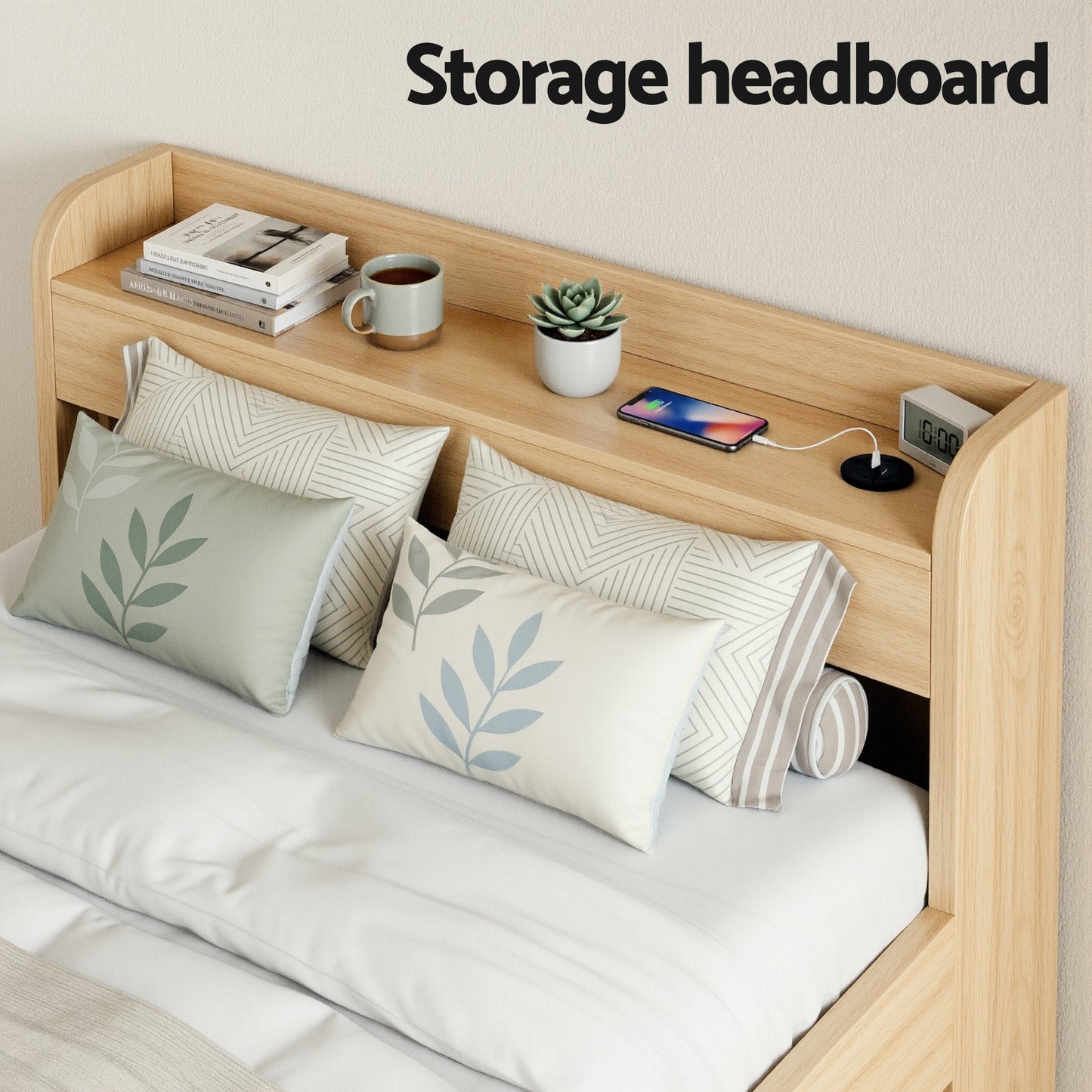 TWSC Single Bed Frame with 2 Storage Drawers Platform Bed Base with USB Ports Sturdy Wooden Slat Support Natural