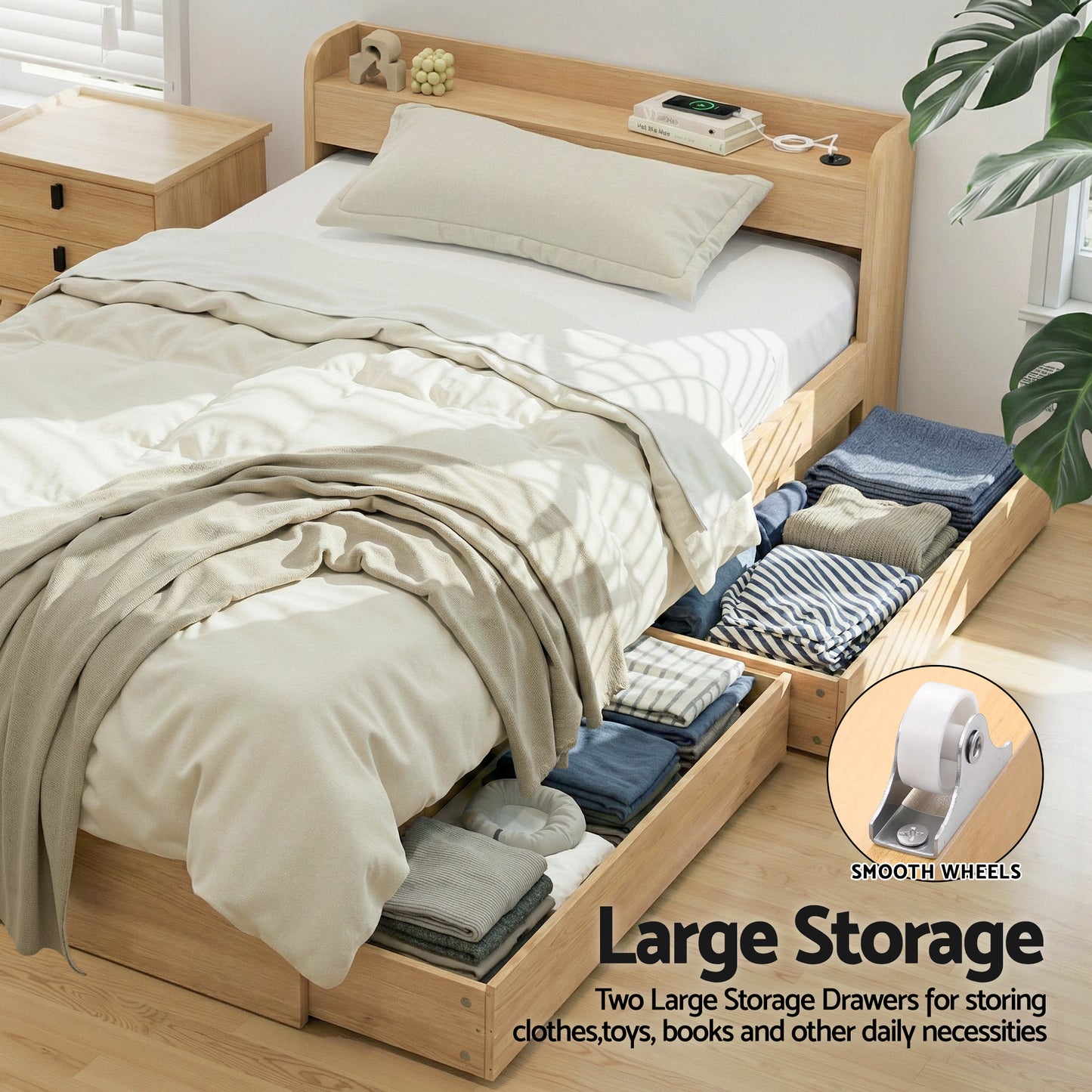 TWSC Single Bed Frame with 2 Storage Drawers Platform Bed Base with USB Ports Sturdy Wooden Slat Support Natural
