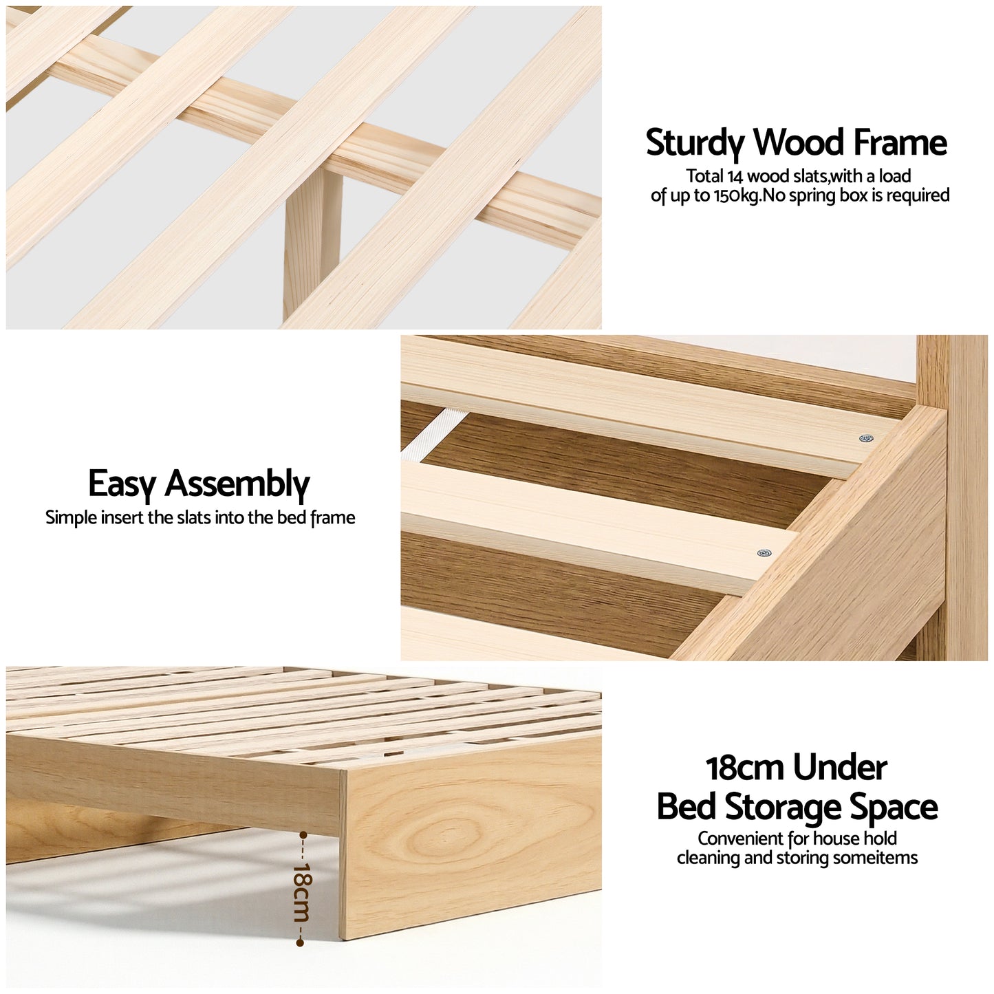 TWSC Single Bed Frame with 2 Storage Drawers Platform Bed Base with USB Ports Sturdy Wooden Slat Support Natural