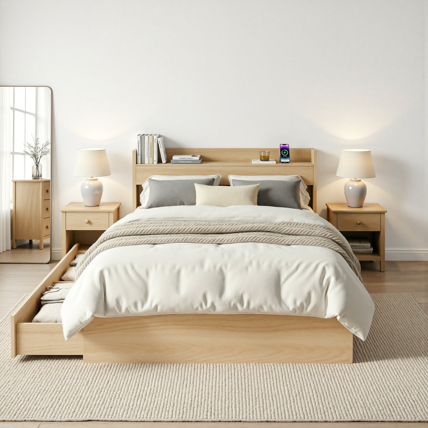 TWSC Single Bed Frame with 2 Storage Drawers Platform Bed Base with USB Ports Sturdy Wooden Slat Support Natural