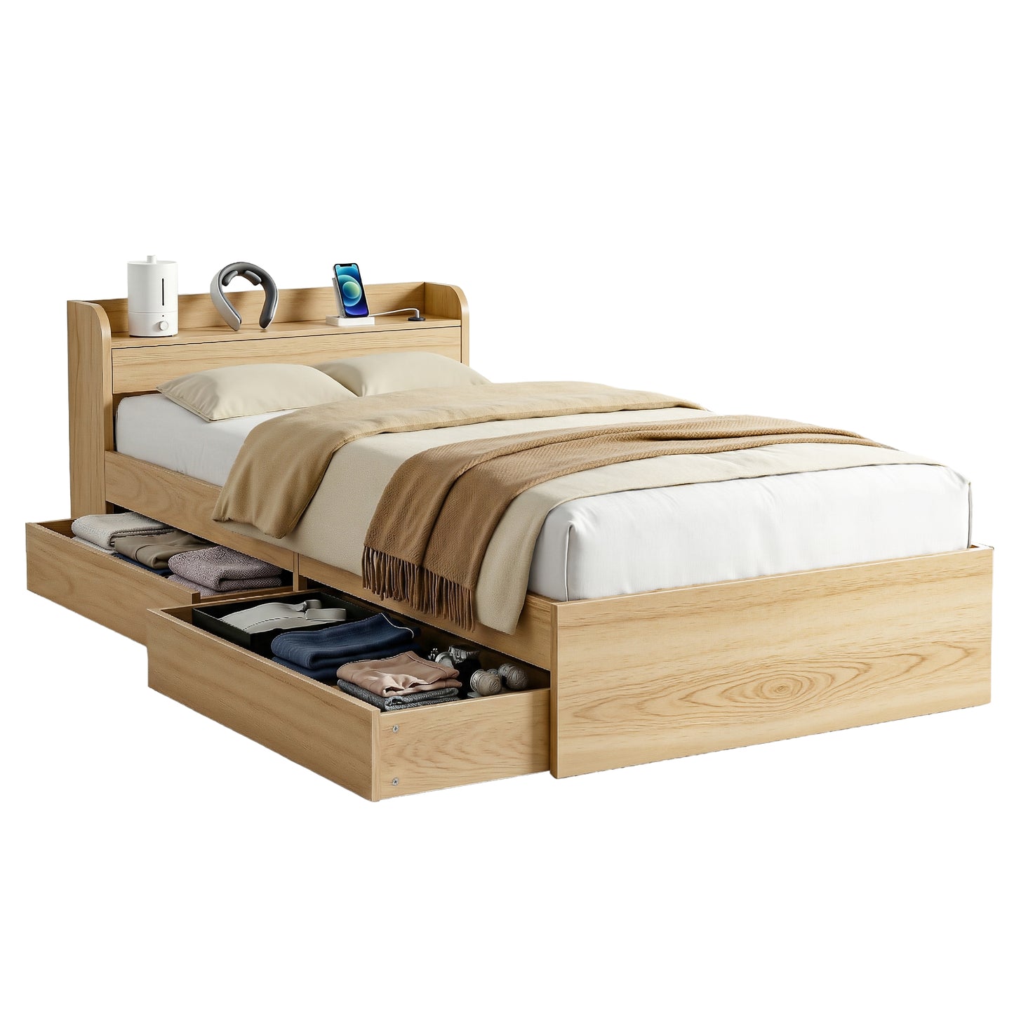 TWSC Single Bed Frame with 2 Storage Drawers Platform Bed Base with USB Ports Sturdy Wooden Slat Support Natural