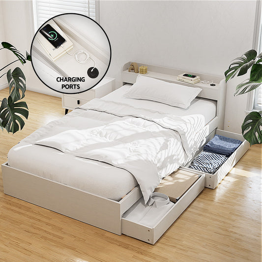 Aura Bed Frame – Single Size with USB Charging Ports and Storage Drawers, White