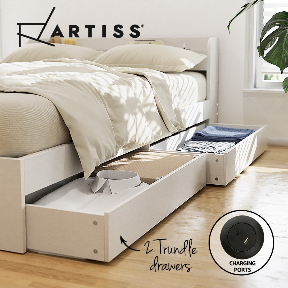 Aura Bed Frame – Single Size with USB Charging Ports and Storage Drawers, White