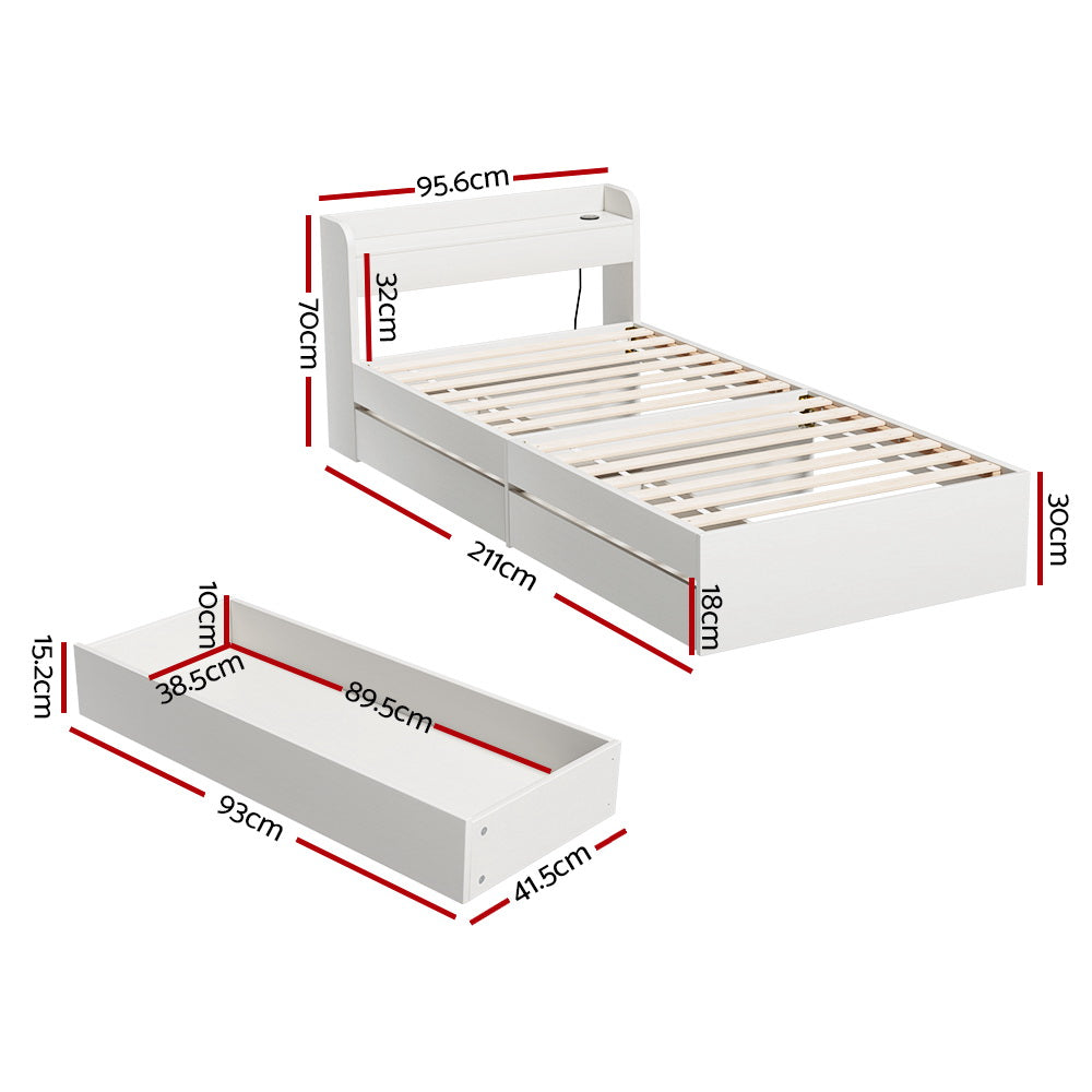 Aura Bed Frame – Single Size with USB Charging Ports and Storage Drawers, White