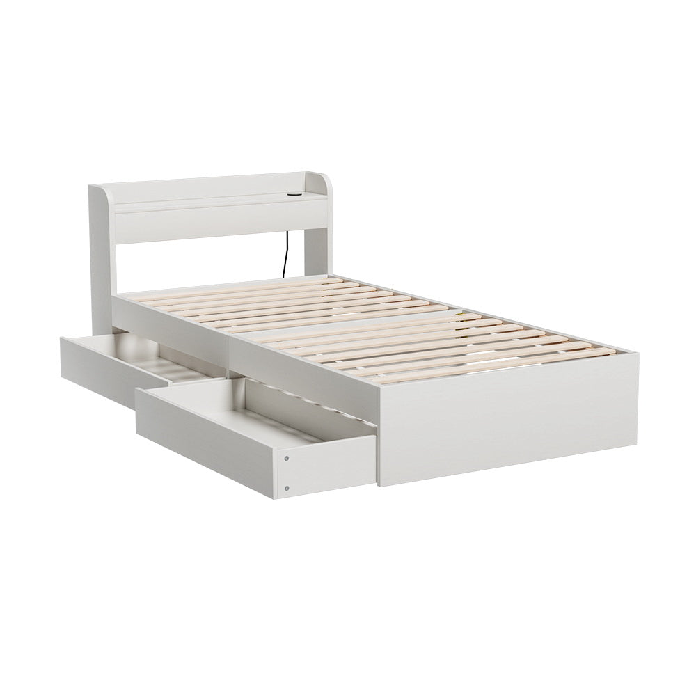 Aura Bed Frame – Single Size with USB Charging Ports and Storage Drawers, White
