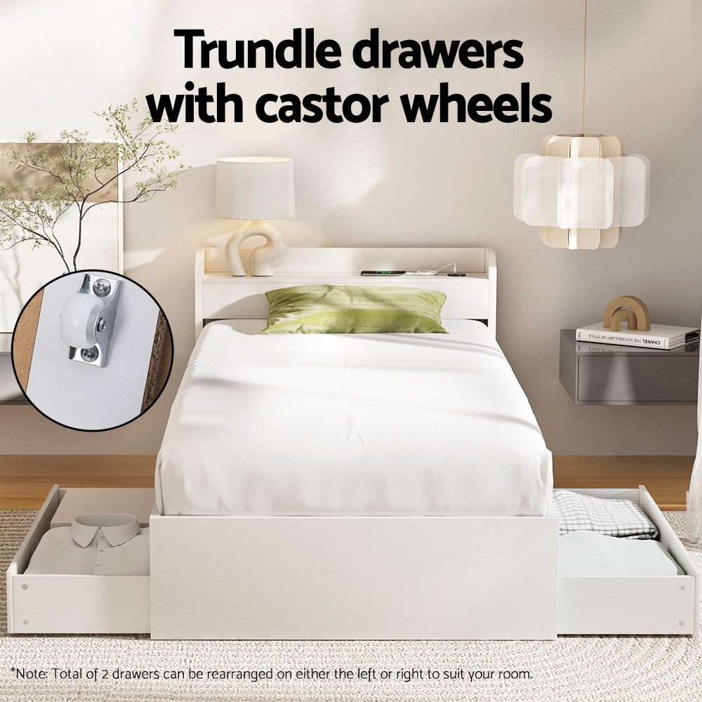 Aura Bed Frame – Single Size with USB Charging Ports and Storage Drawers, White