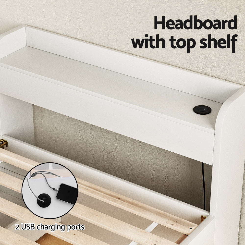 Aura Bed Frame – Single Size with USB Charging Ports and Storage Drawers, White