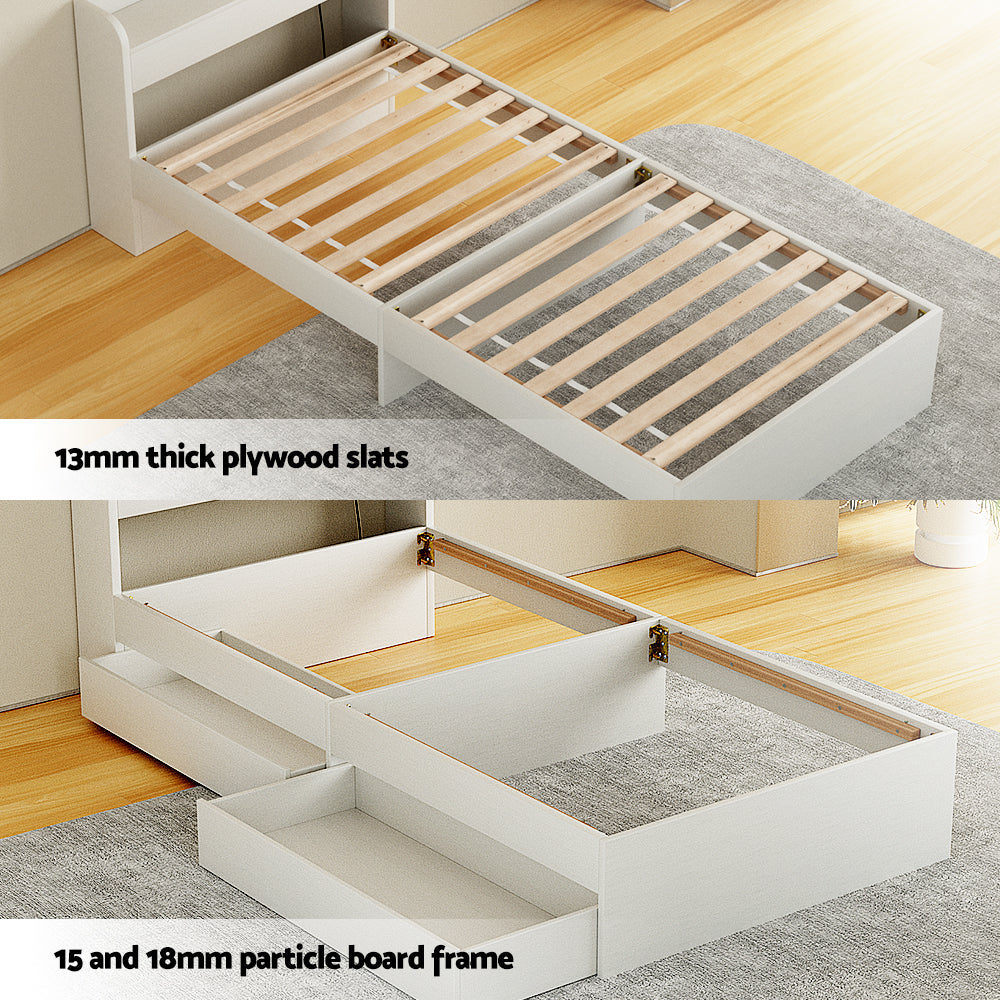 Aura Bed Frame – Single Size with USB Charging Ports and Storage Drawers, White